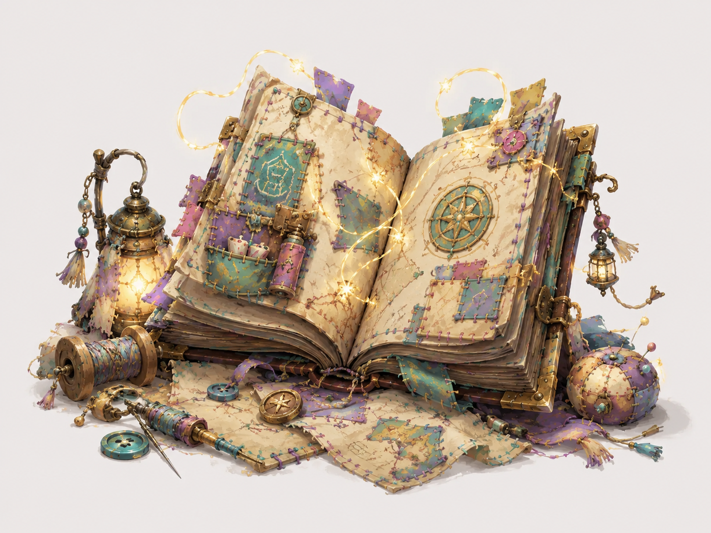 Livre de règles ouvert, cousu avec un fil lumineux.